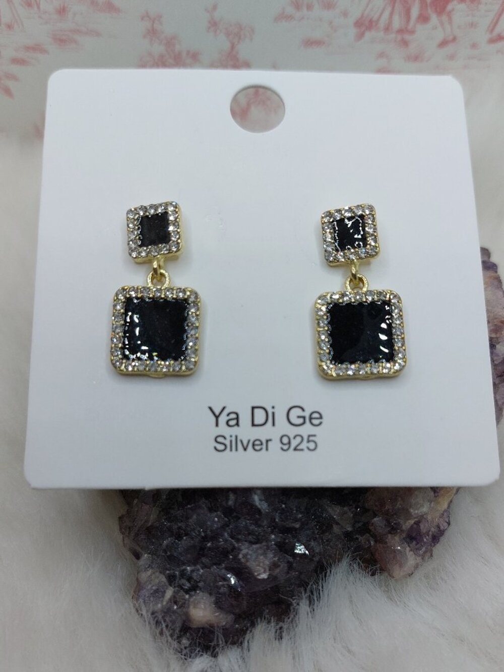 S925 Stud Gold Tone Crystal Black color Rectangular Shape Stud Drop Earrings